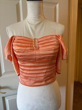 Express Satin V-Bar Puff Sleeve Ruched Pleated Top in Orange